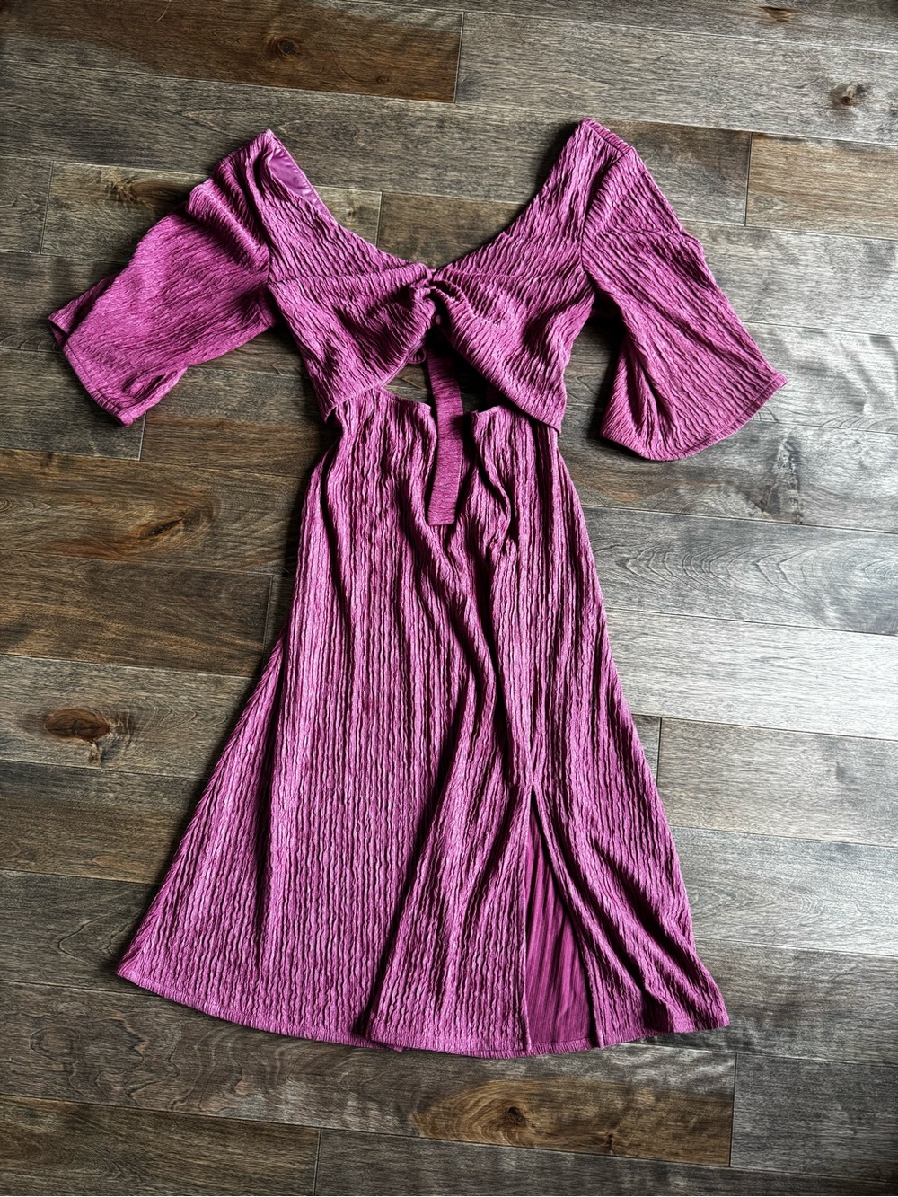 Tie-Front Magenta Midi Dress with Puff Sleeves